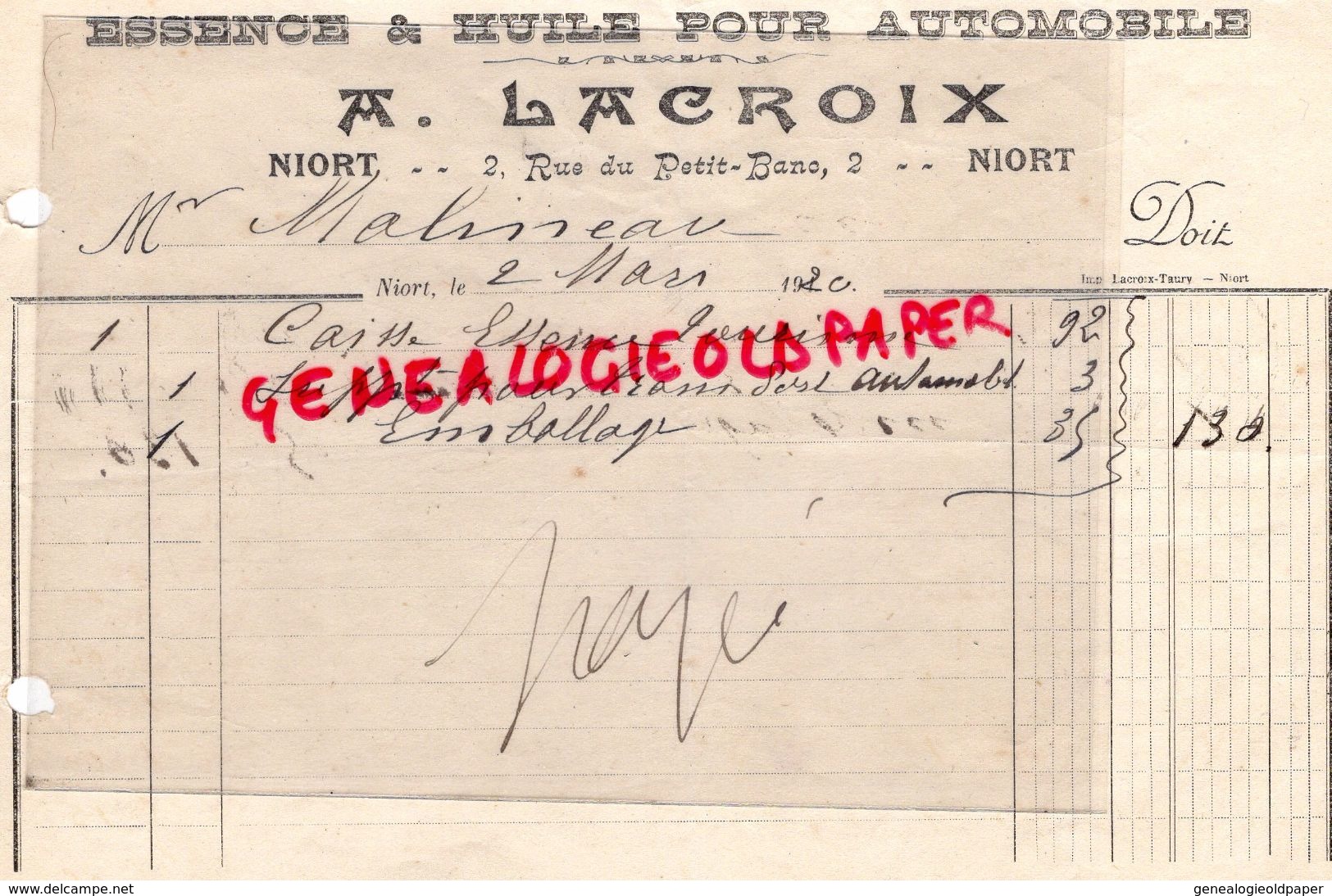 79- NIORT- RARE FACTURE A. LACROIX- ESSENCE ET HUIE POUR AUTOMOBILE-2 RUE DU PETIT BANC- 1920 - Automobil