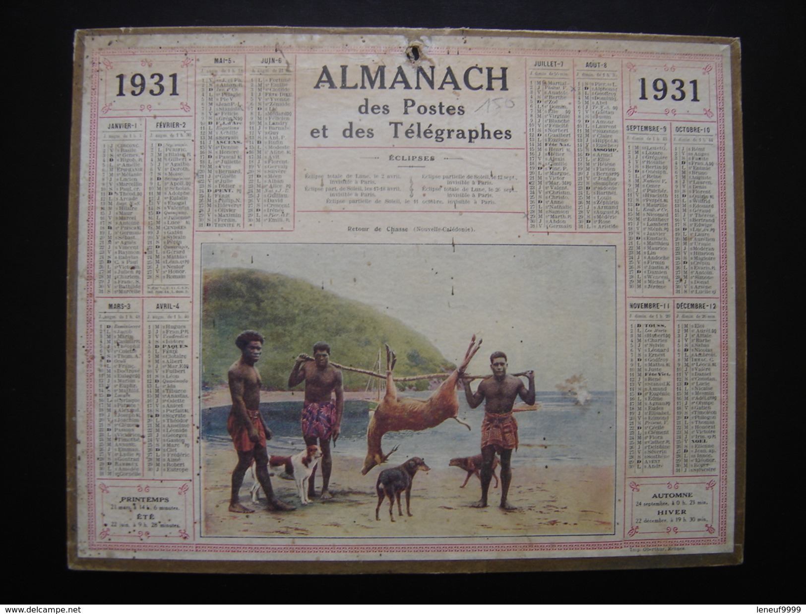 Rare Calendrier PTT Almanach Postes 1931 RETOUR DE CHASSE NOUVELLE CALEDONIE Convient Pour 2026 - Grand Format : ...-1900