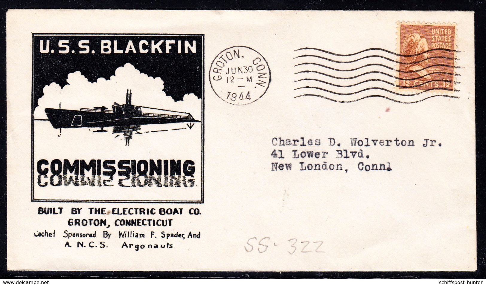 US Navy, USS"BLACKFIN" (SS-322) Commissioning 1944, Spader-Cachet, Look Scan, RARE !! 13.10-04 - U-Boote