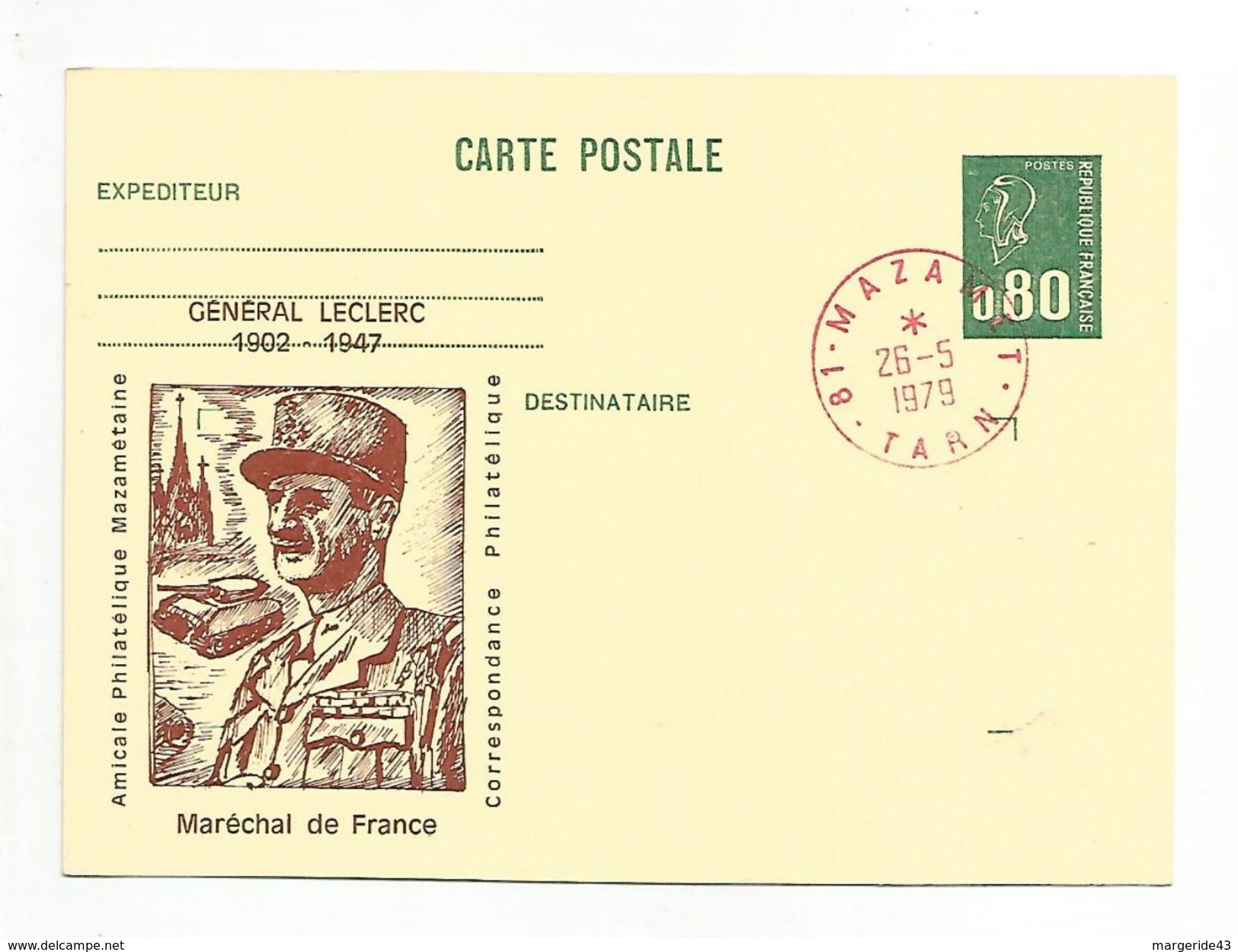 ENTIER BEQUET REPIQUE GENERAL LECLERC 1979 - Cartes Postales Repiquages (avant 1995)