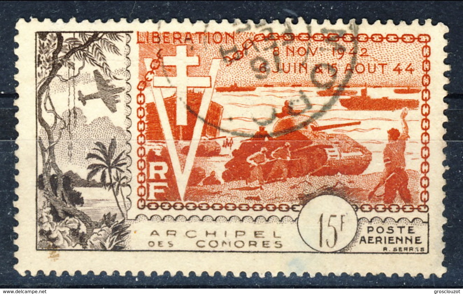 Comores 1954 Posta Aerea N. 4 Liberazione C. 15 Usato Cat. € 27 - Posta Aerea