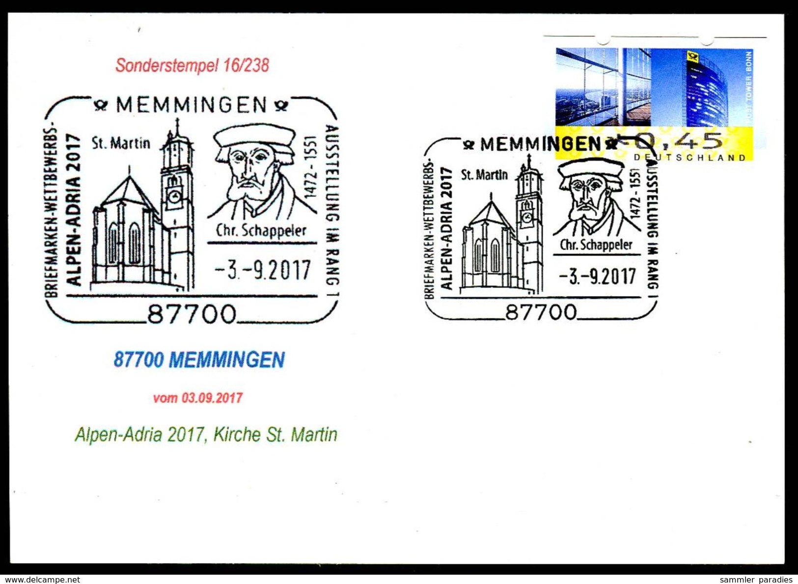 83165) BRD - Karte - SoST 87700 MEMMINGEN Vom 03.09.2017 - Alpen-Adria 2017, Kirche St. Martin - Maschinenstempel (EMA)