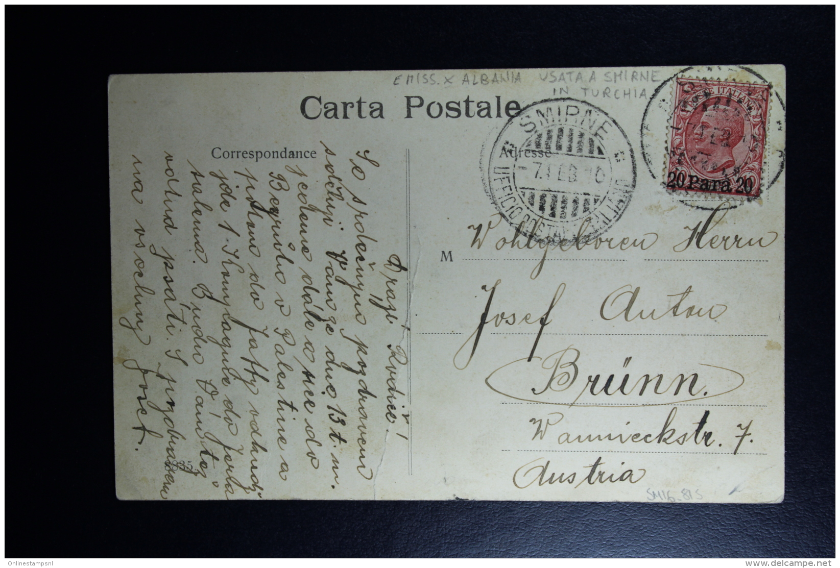 Italy : Carte Postale 1910 Smirne To Brunn Austria - Uffici D'Europa E D'Asia