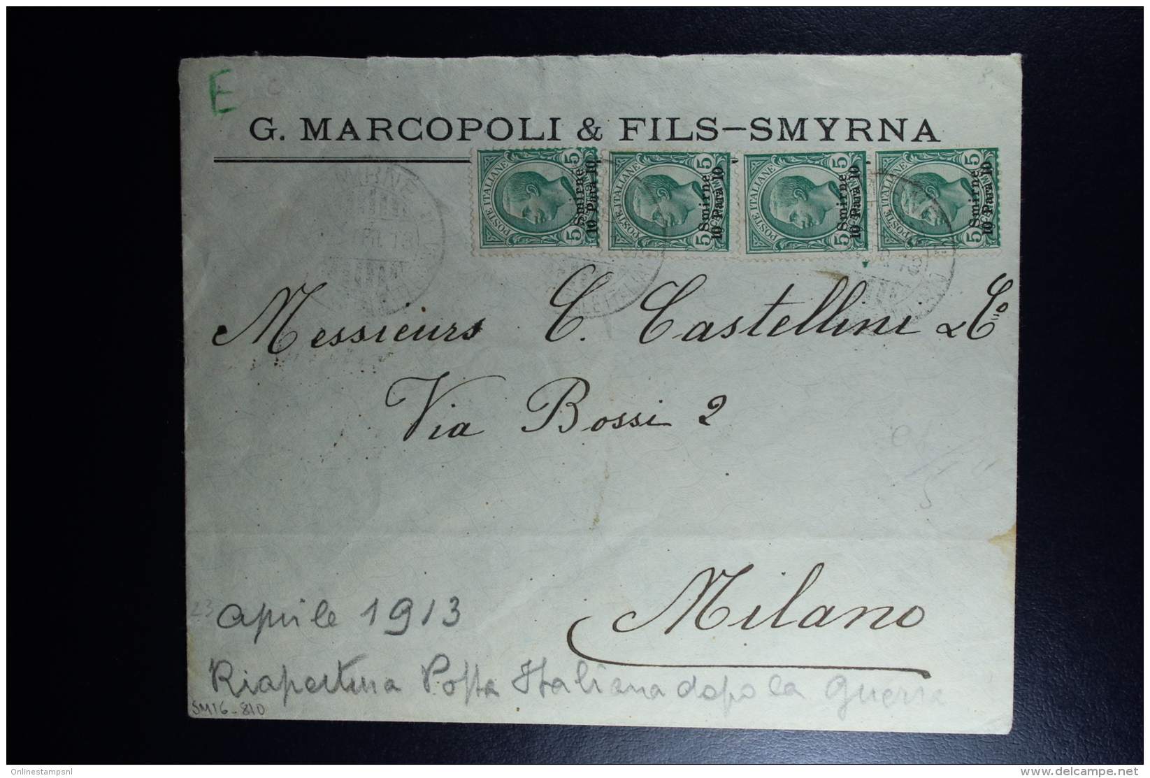 Italy : Company Cover 1913 Smirne To Milano - Bureaux D'Europe & D'Asie