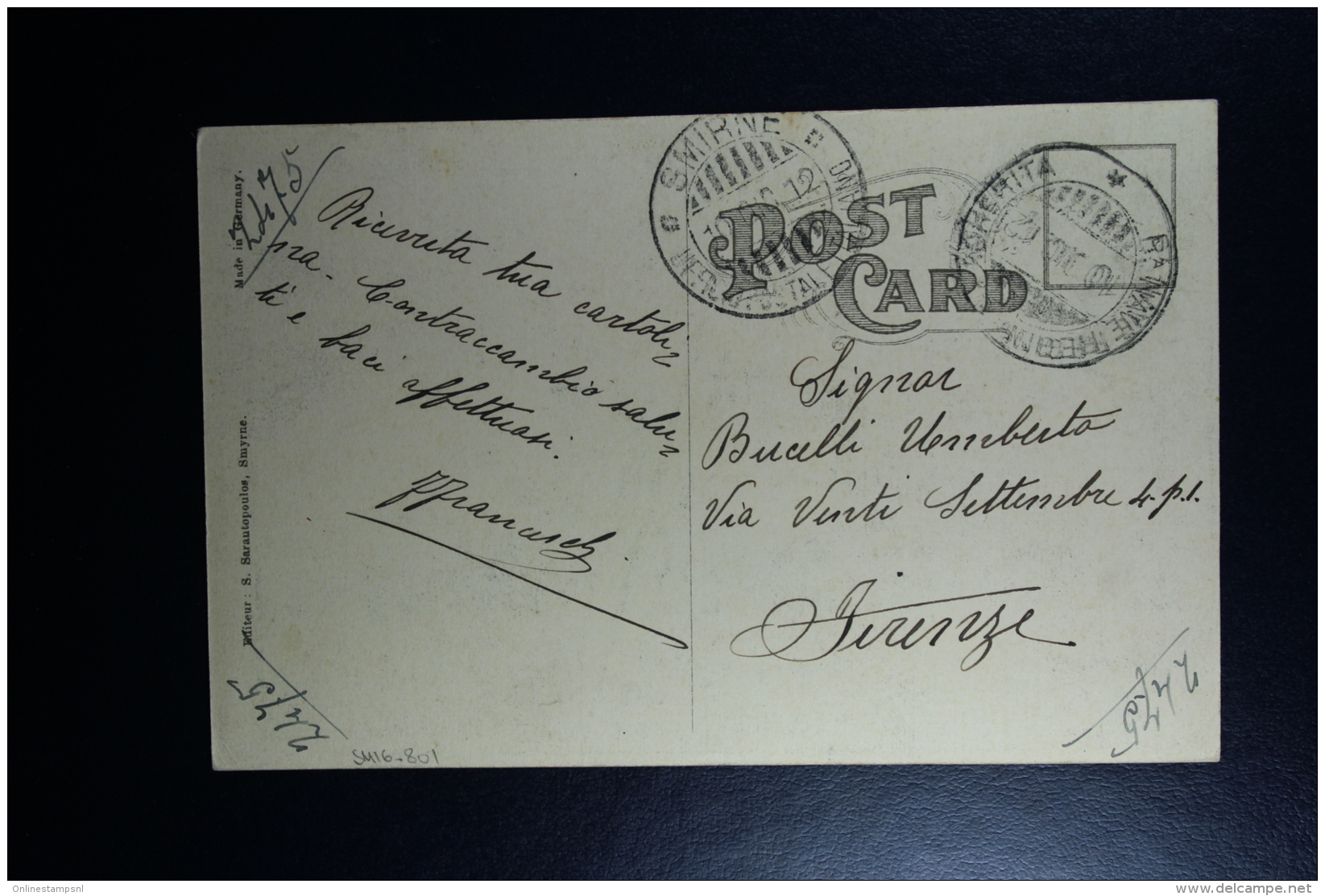 Italy : Post Card 1912 Smirne To Firenze - Bureaux D'Europe & D'Asie
