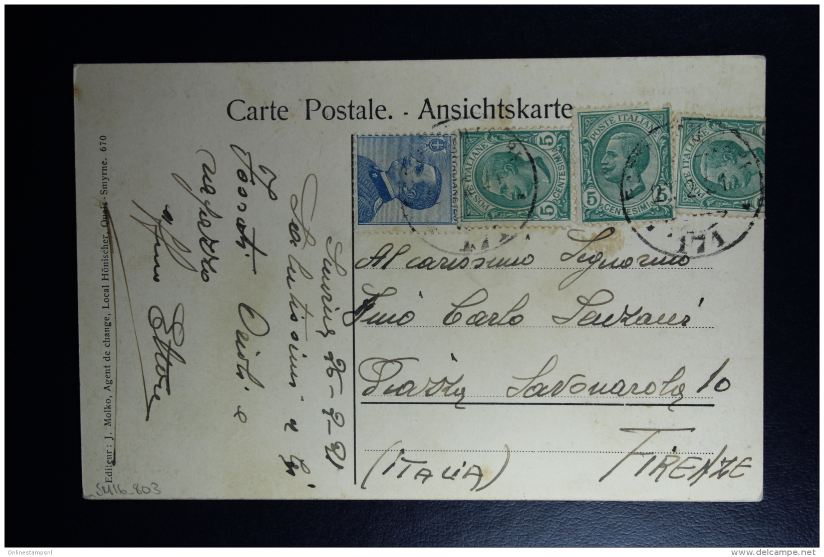 Italy : Carte Postale 1921 Smirne To Firenze Mixed Stamps Chameaux Combattants - Bureaux D'Europe & D'Asie
