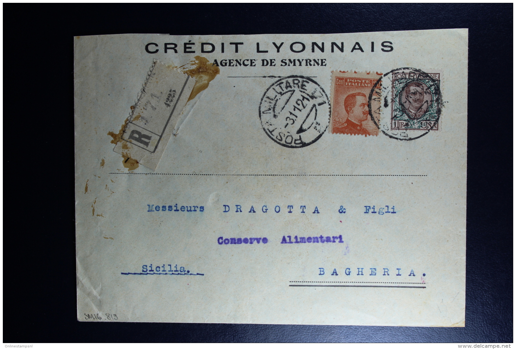 Italy : Registered Cover Militare Post Cancels 1921 Smirne To Bagheria Sicilia Waxed Sealed - Bureaux D'Europe & D'Asie