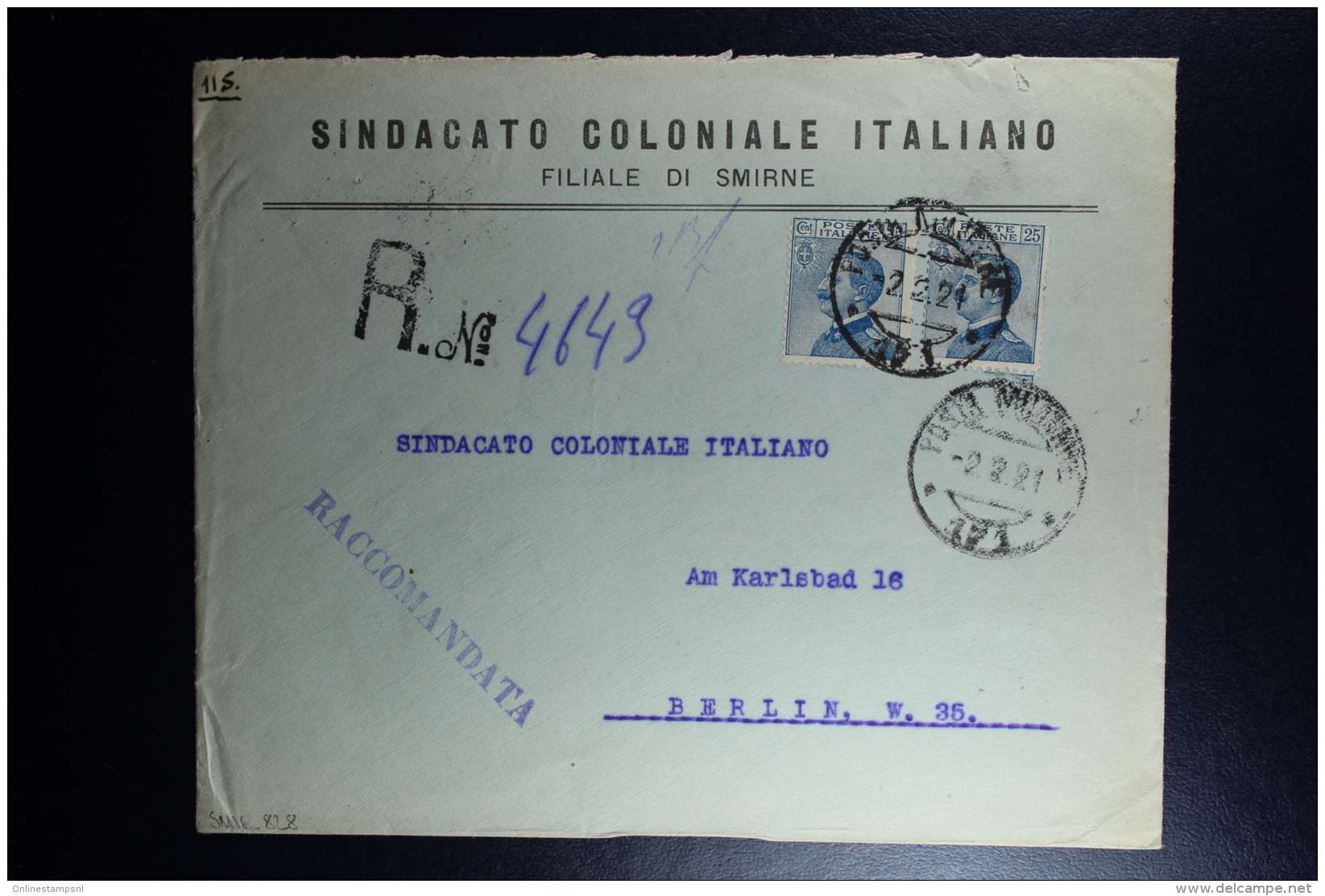 Italy : Registered Cover Cancels Posta Militare 1921 Smirne To Berlin Germany - European And Asian Offices