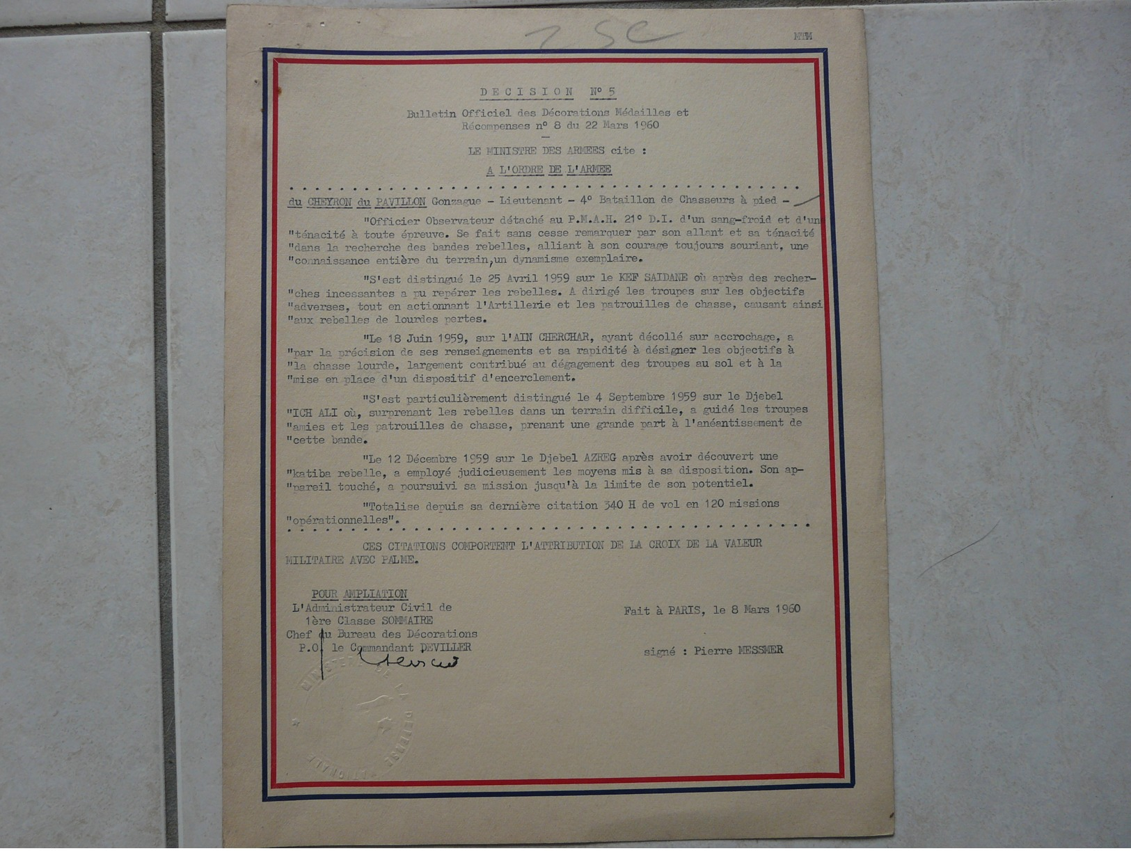 Lot11 - Document Militaire - Décision N° 5 Citation à L'Ordre De L'Armée En Algérie - Le 08/03/1960 - Documents