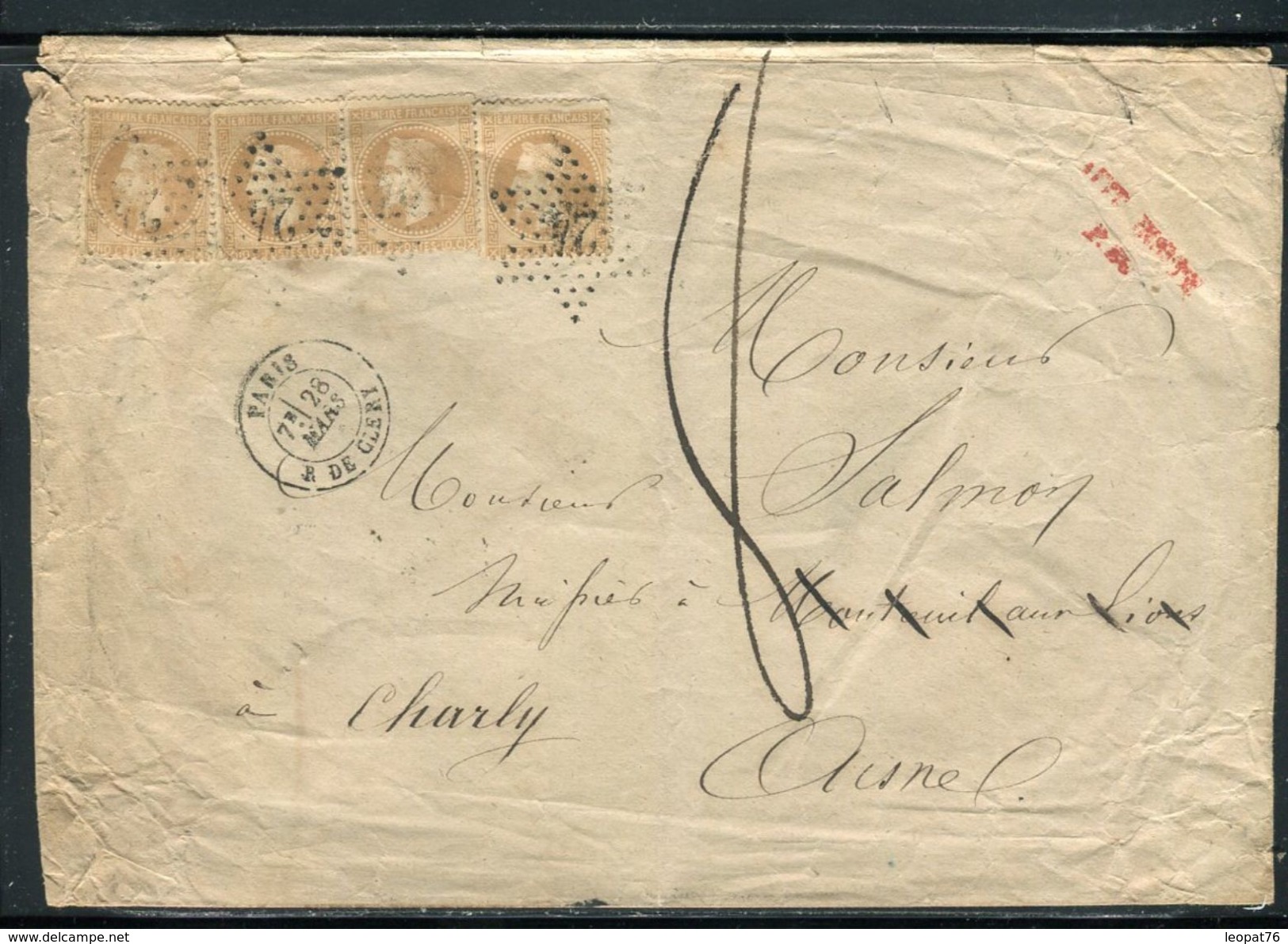 France - Enveloppe De Paris ( Obl. étoile 24) Pour Charly En 1870, Griffe Affr. Insuffisant En Rouge, Taxe 8  - Ref O 22 - 1849-1876: Klassik