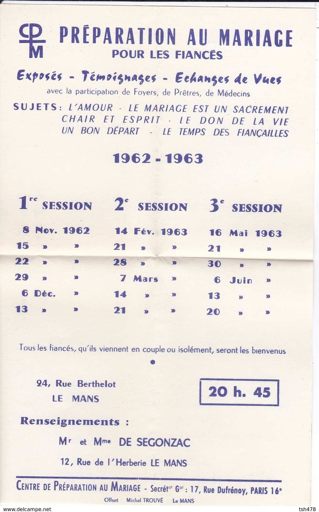 CATHOLIQUE---71---LE MANS----préparation Au Mariage  1962-1963--( 21 Cm  13.5 Cm )---voir 2 Scans - Programmes