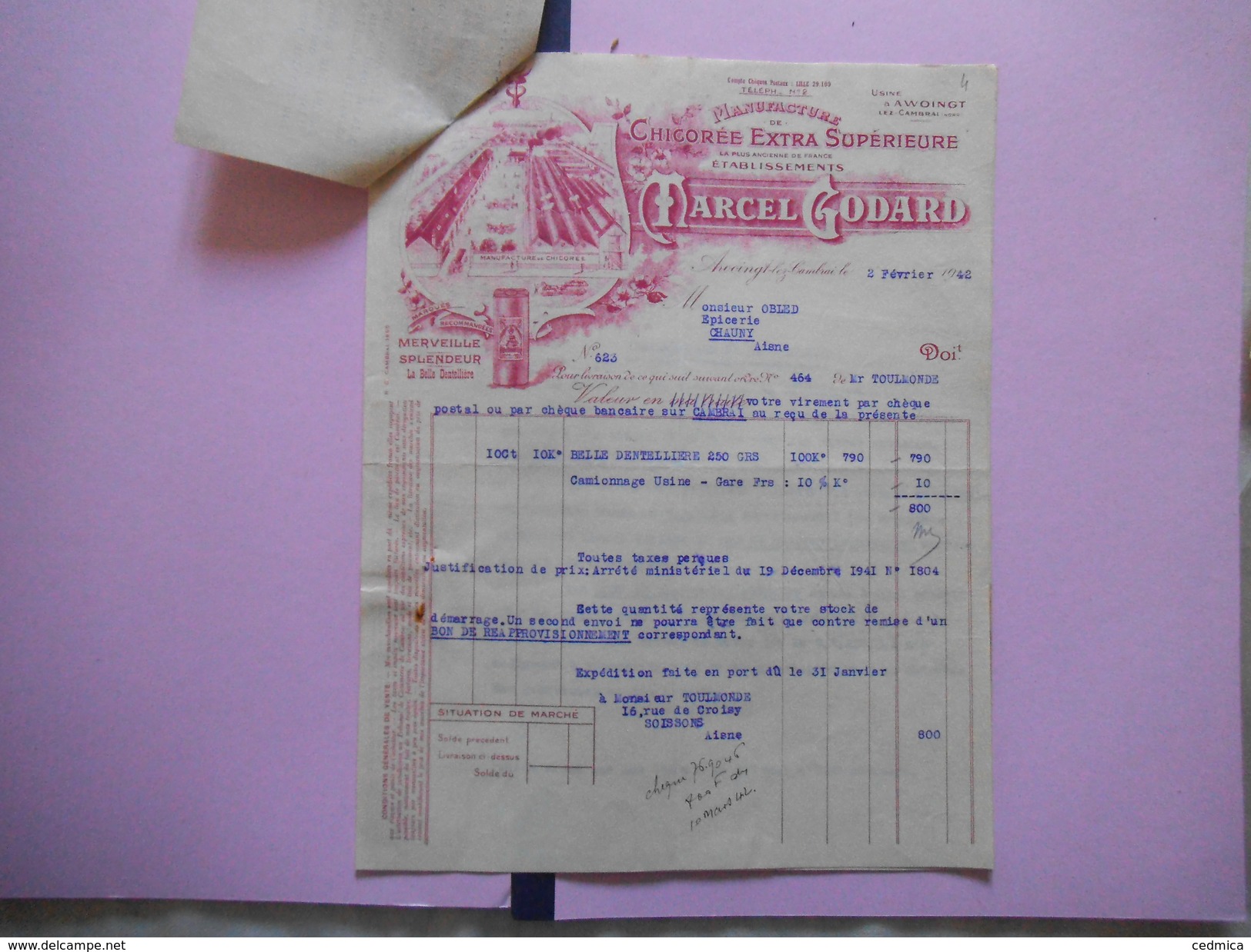 AWOINGT LEZ CAMBRAI MARCEL GODARD MANUFACTURE DE CHICOREE EXTRA SUPERIEURE FACTURE ET COURRIER DU 2 FEVRIER 1942 - 1900 – 1949