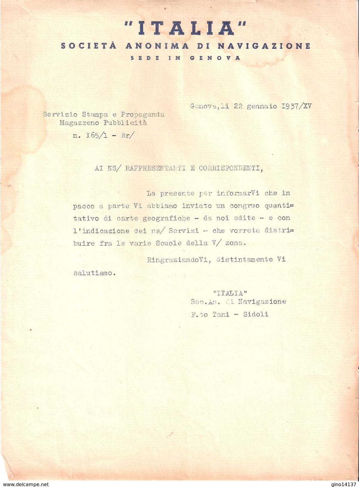 Carta Intestata: ITALIA: Società Anonima Di Navigazione - Genova Gennaio 1937 - Otros & Sin Clasificación