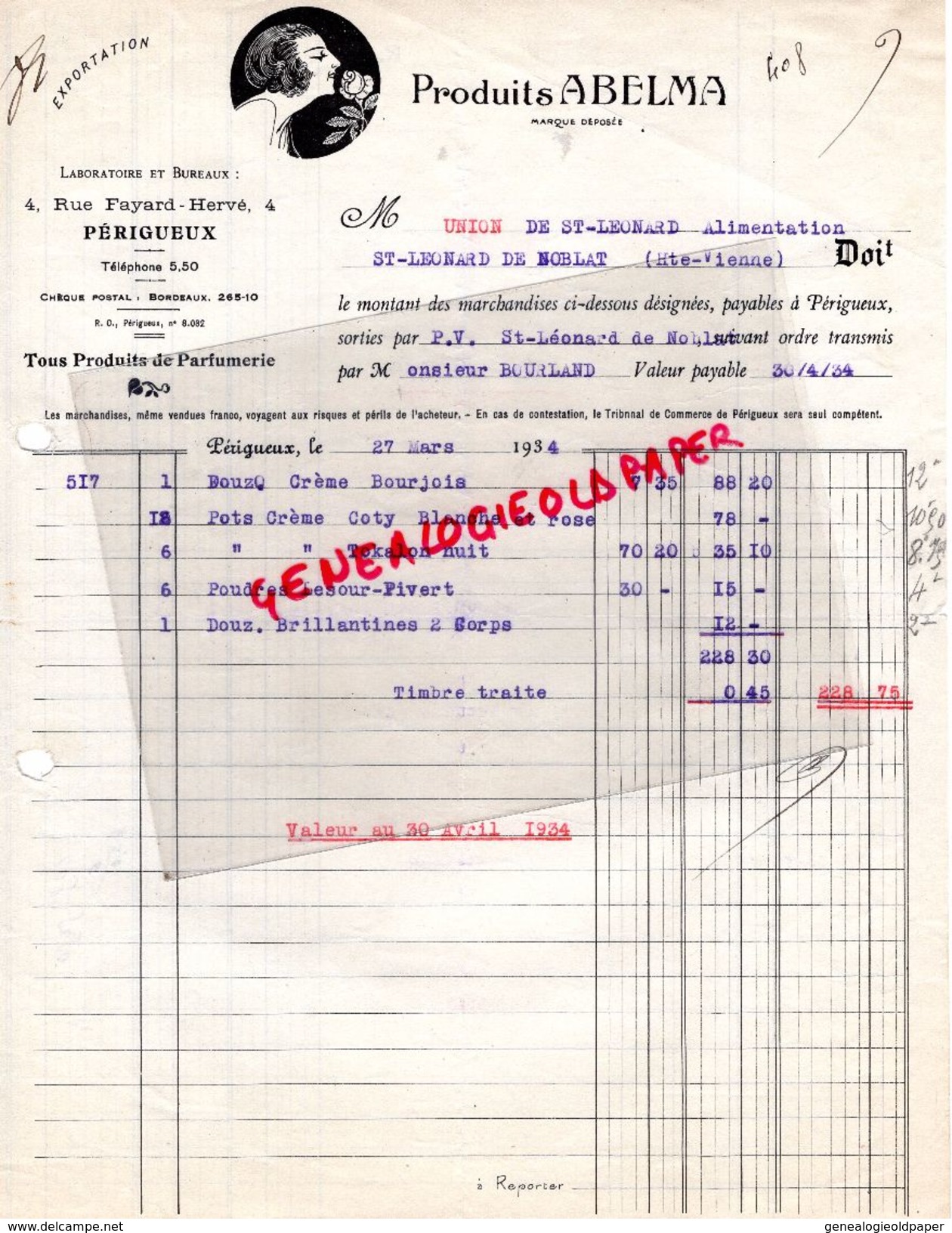 24- PERIGUEUX- BELLE FACTURE PRODUITS ABELMA-PARFUMERIE -PARFUL-BOURJOIS-COTY-TOKALON-LESOU PIVERT-1934  RARE - Chemist's (drugstore) & Perfumery