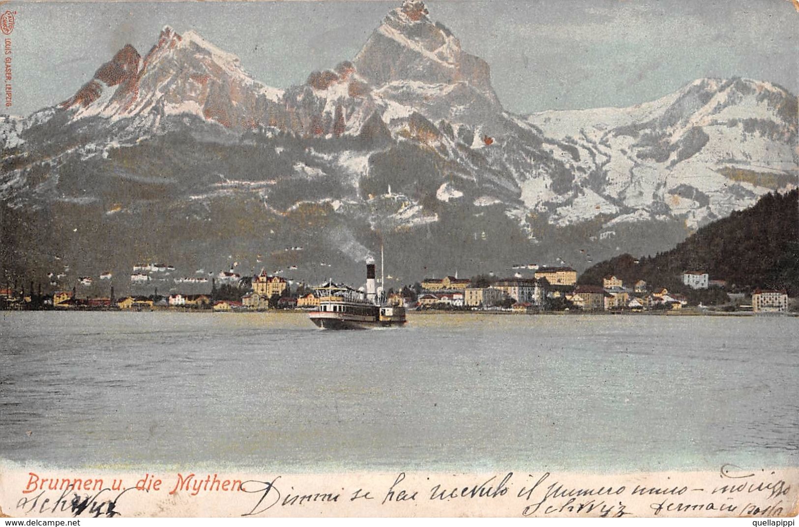 06714 "SVIZZERA - SCHWYZ - FRAZ. DI INGENBOHL - BRUNNER U. DIE MYTHEN" ANIMATA, BATTELLO. CART  SPED 1904 - Ingenbohl