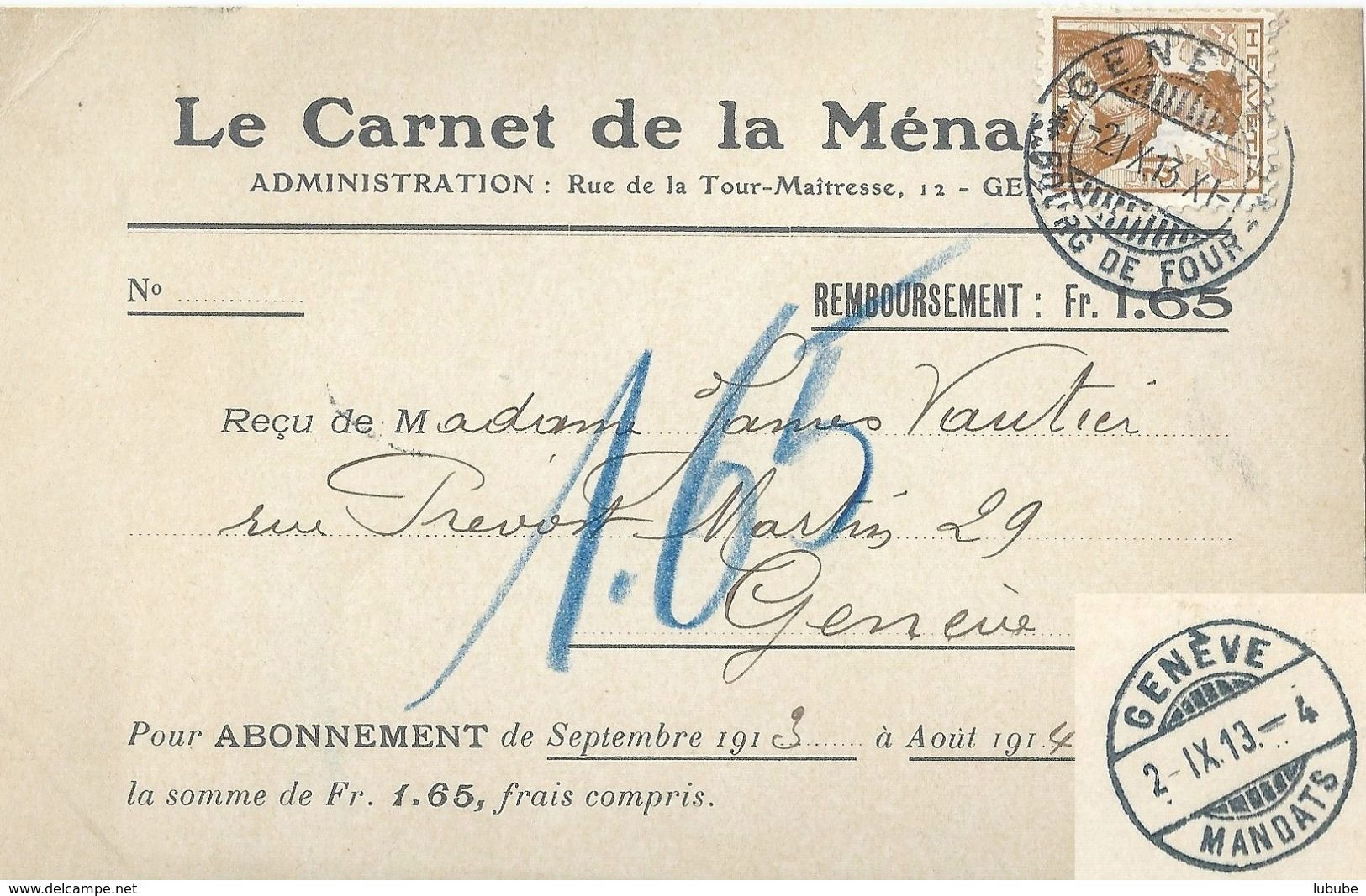 NN Karte  "Le Carnet De La Ménage, Genève"              1913 - Briefe U. Dokumente