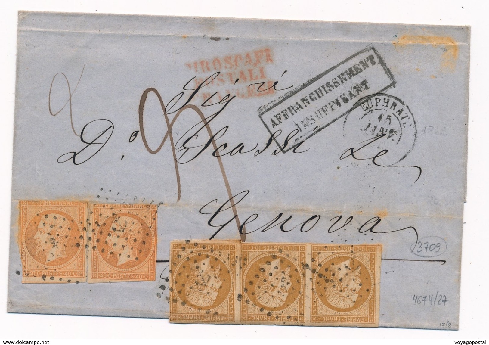 Lettre N°13Bande + 16x2 Ancre Cachet Paquebot Euphrate Pour Genova - Poste Maritime