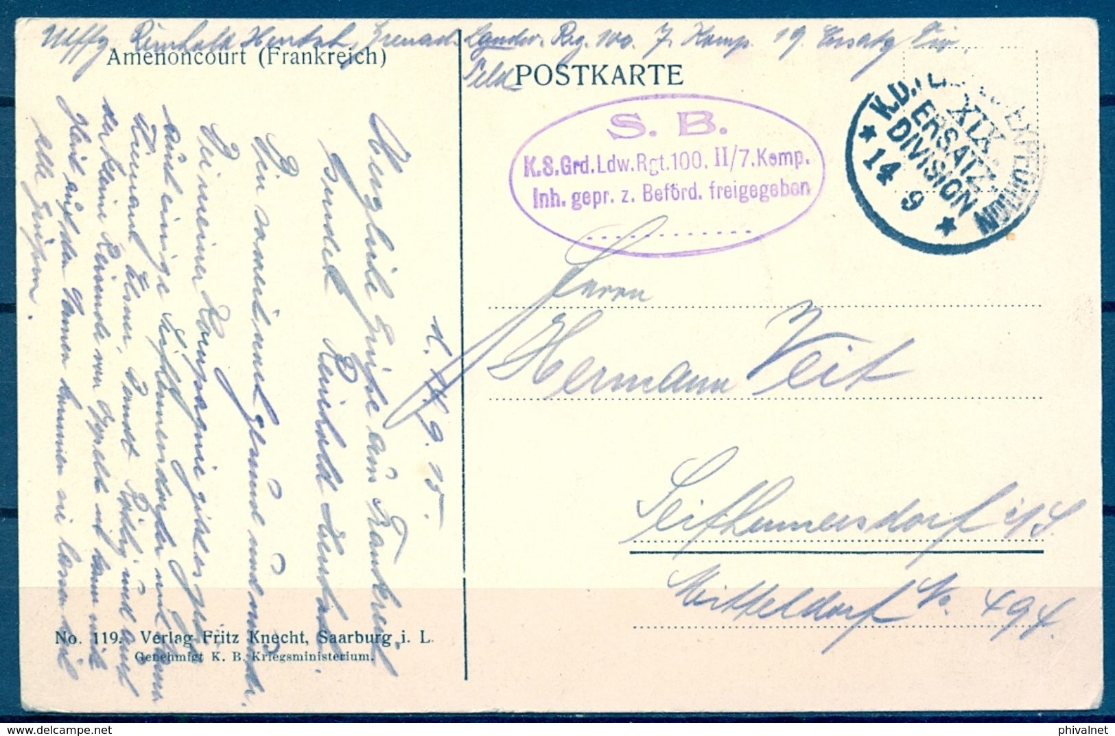 1915 , ALEMANIA , CORREO MILITAR , TARJETA POSTAL CIRCULADA , FRANQUICIA XIX ERSATZ DIVISION - Cartas & Documentos