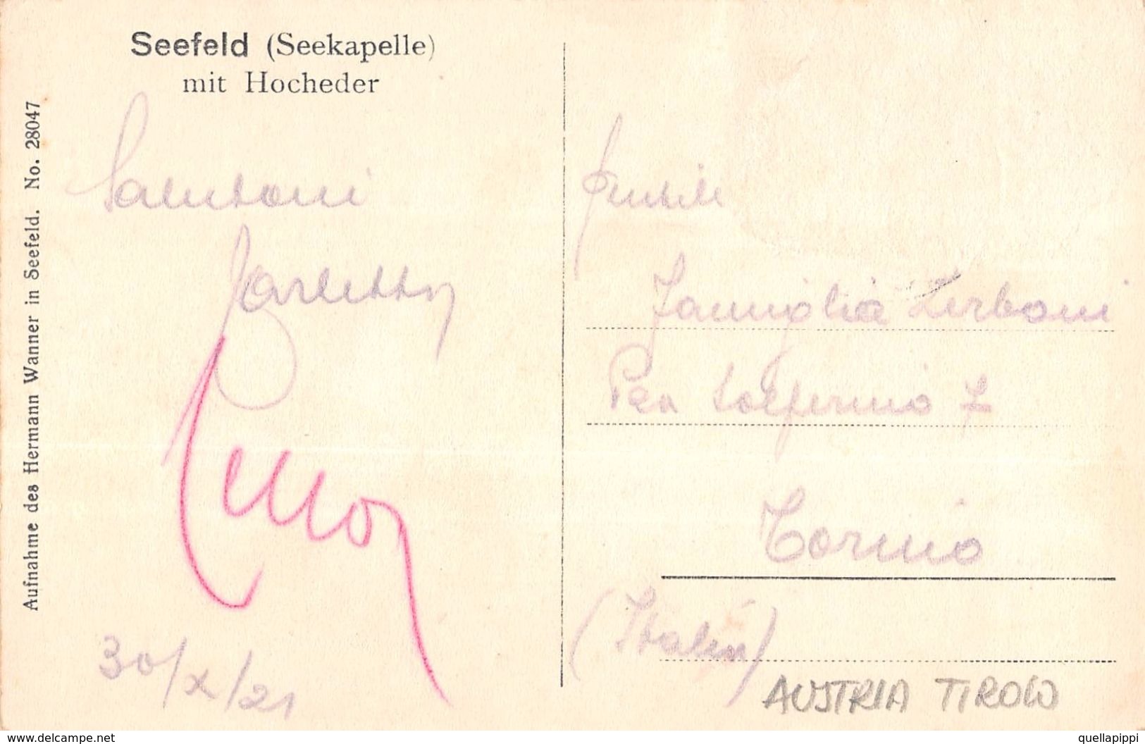 06733 "AUSTRIA - TIROLO - SEEFELD SEEKAPELLE MIT HOCHEDER" PAESAGGIO INNEVATO. CART  SPED 1921 - Seefeld