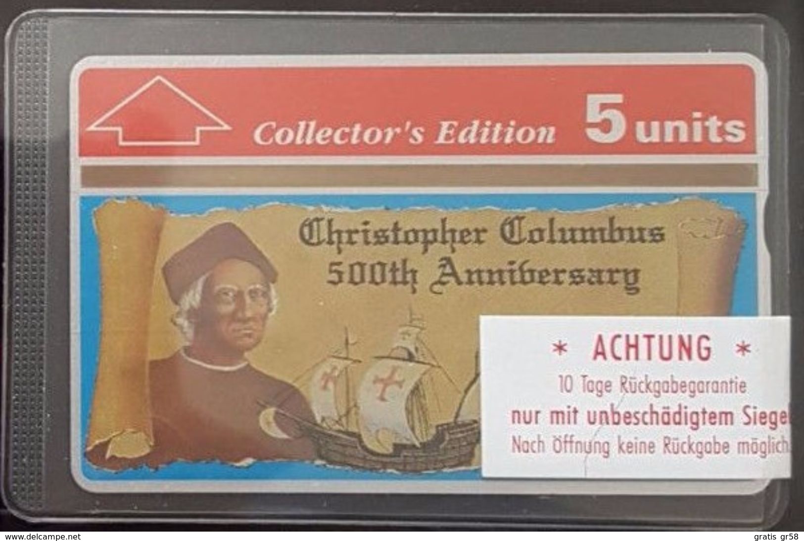 Gibraltar - GIB-16, Columbus 500th Anniversary Collectors Ed., 5U, 5000ex, 1992. Mint - Gibraltar