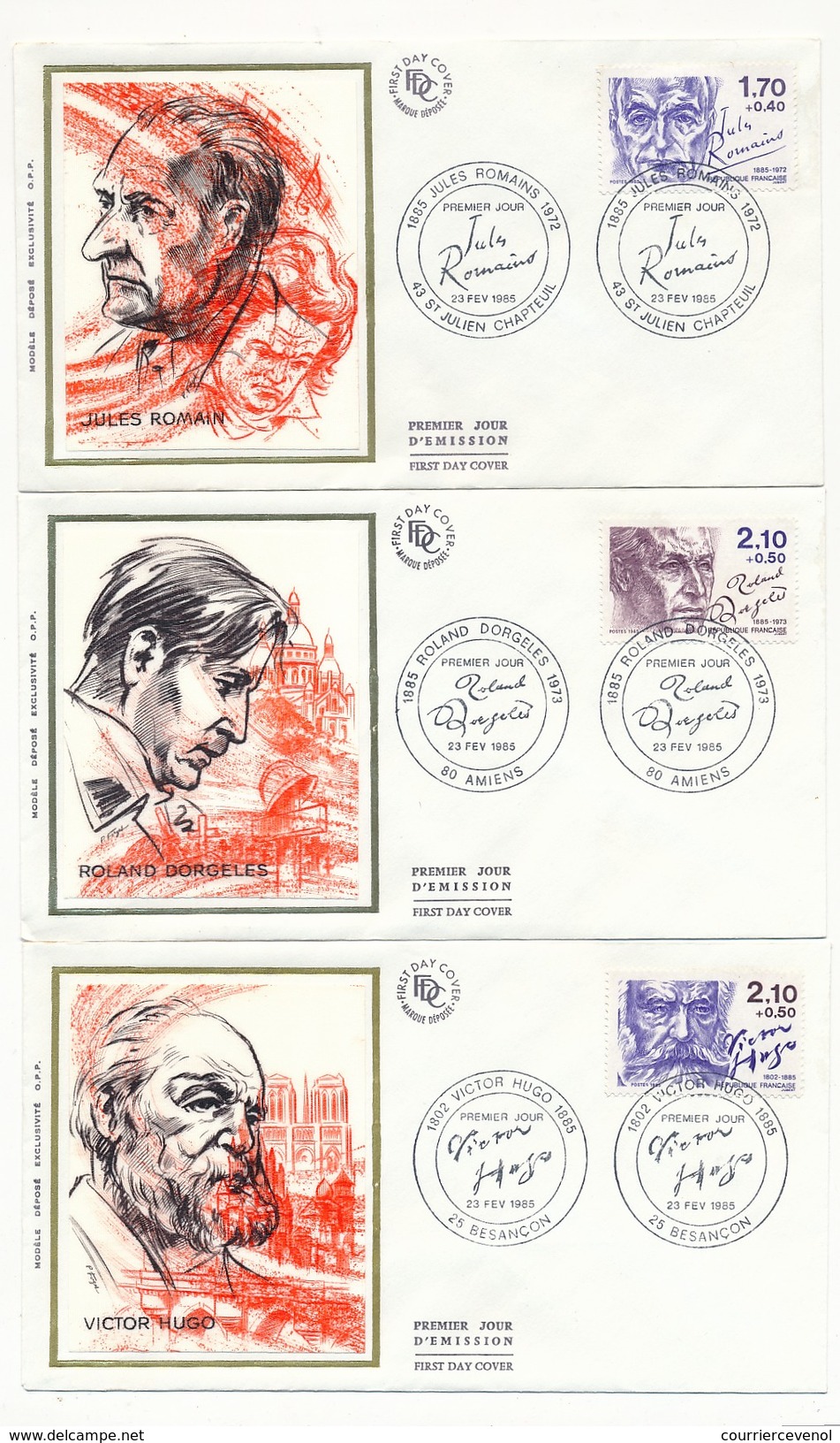 FRANCE => 6 Enveloppes FDC Soie - Série Des écrivains : Victor Hugo, Sartre, Jules Romains... 1985 - 1980-1989