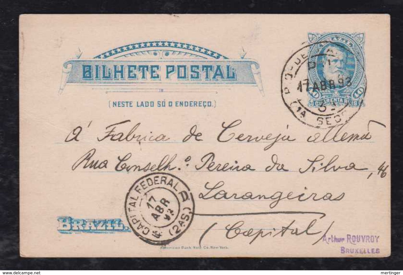 Brazil Brasil 1893 BP 15 40R Dom Pedro Stationery Card RIO To LARANGEIRAS Cerveja Beer - Postal Stationery