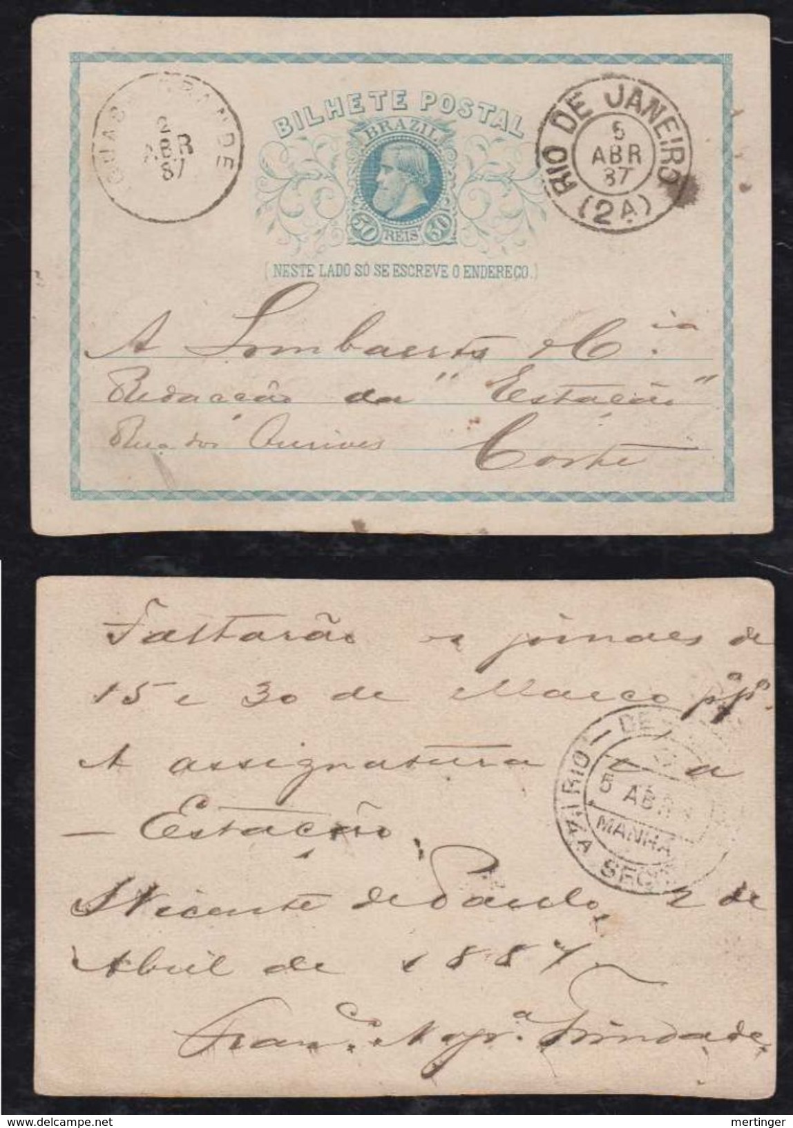 Brazil Brasil 1887 BP 12 50R Dom Pedro Stationery Card IGUABA GRANDE To RIO DE JANEIRO - Postal Stationery