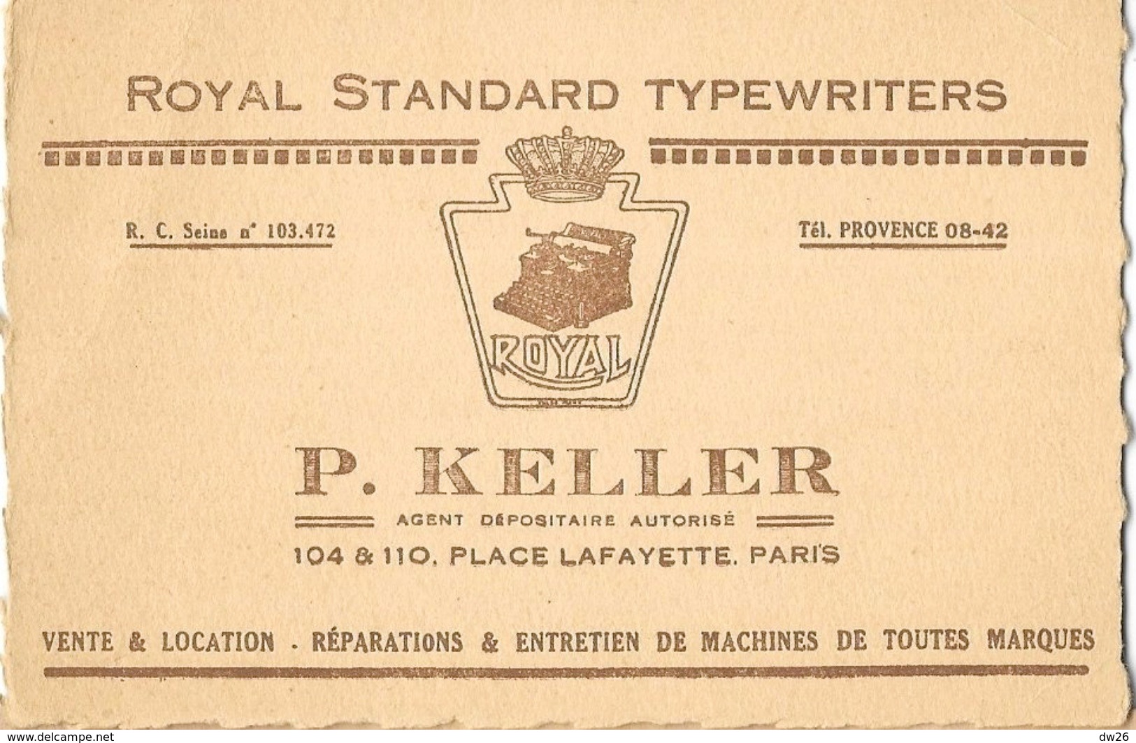 Carte Publicité Royal Standard Typewriters (machines à écrire) - P. Keller, Paris (vente, Location) - Advertising