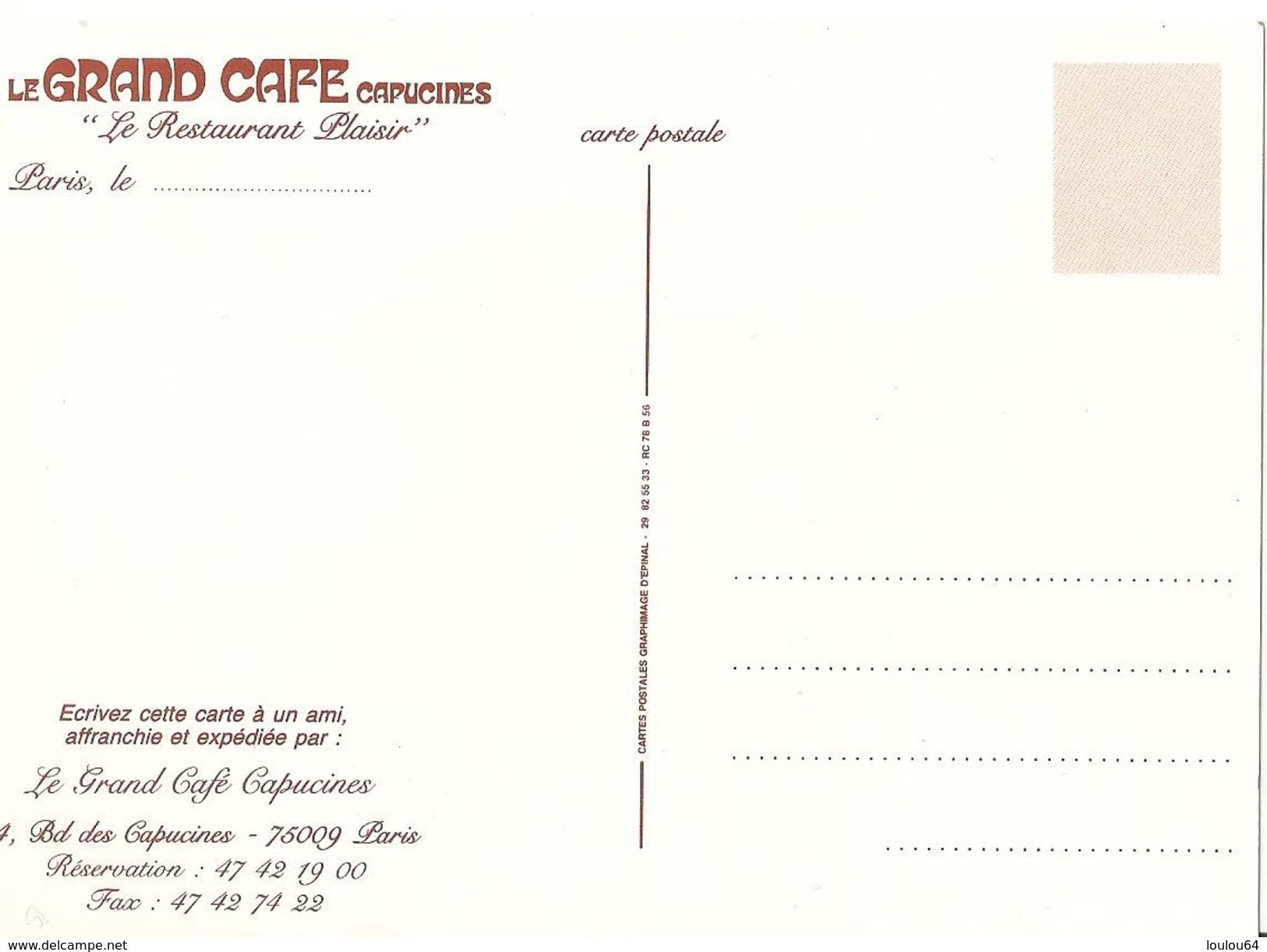 Le GRAND CAFE Capucines - "Le Restaurant Plaisir" - 4 Boulevard Des Capucines - 75009 Paris - Divisé - Non Circulé - - Cafés
