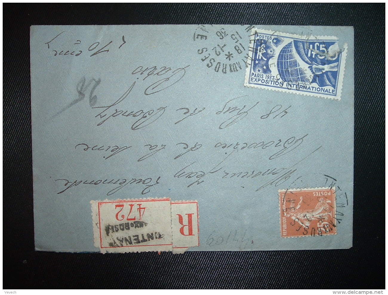 LR TP EXPO 1937 1F50 + SEMEUSE 25c OBL.15-12-36 FONTENAY AUX ROSES SEINE + GRIFFE - Postal Rates