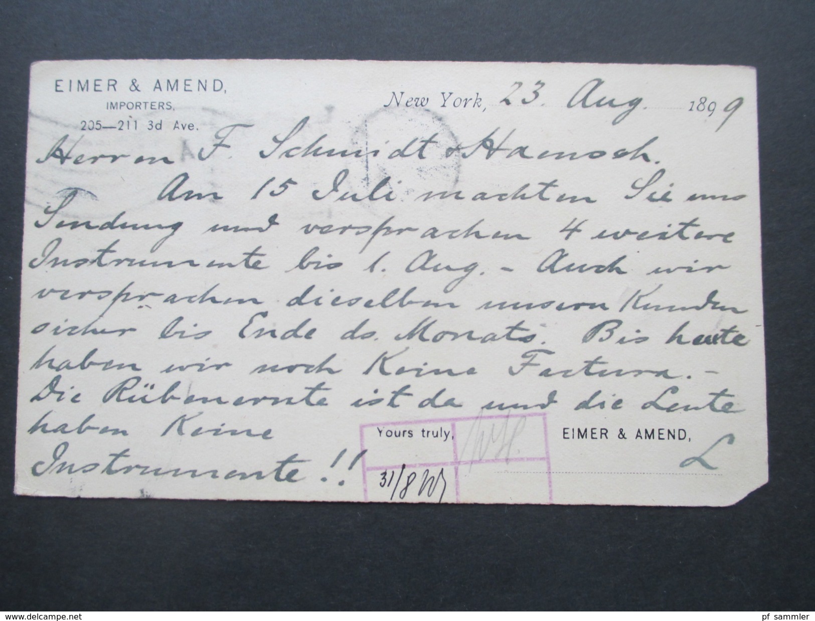 USA GA 1899 Mit Zusatzfrankatur Von New York Nach Berlin. Bestellt Vom Postamte 14. Eimer & Amend Importers. Rübenernte - Brieven En Documenten