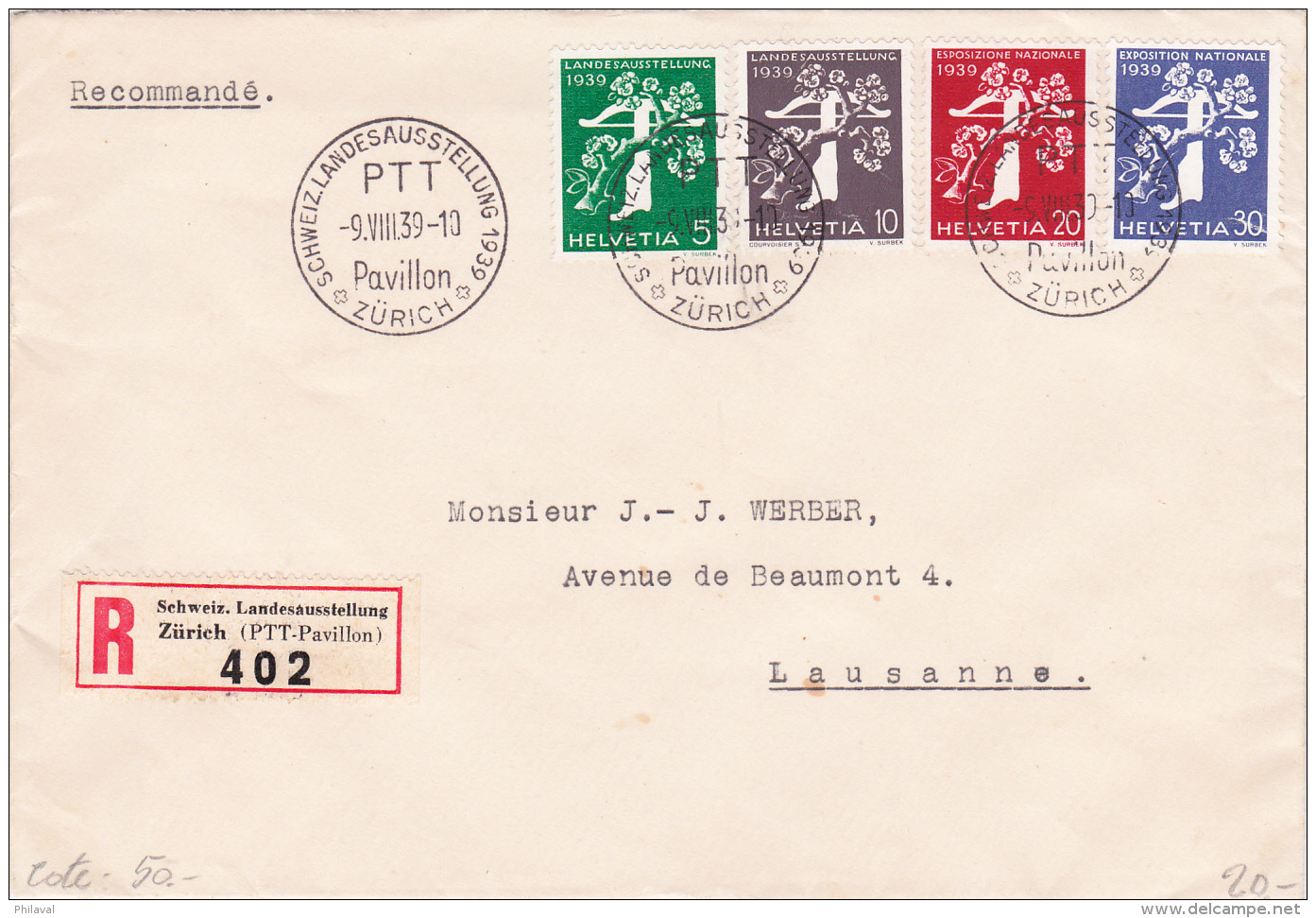 SCHWEIZLANDESAUSSTELLUNG 1939 - PAVILLON PTT : Lettre Recommandée Oblitérée Le 9.VIII.39 - Lettres & Documents