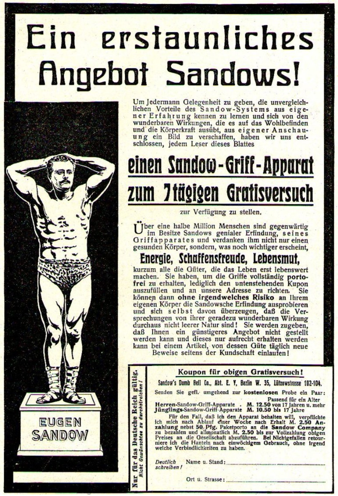 Original-Werbung/ Anzeige 1913 - EUGEN SANDOW GRIFF-APPARATE - LÜTZOWSTRASSE - BERLIN - Ca. 150 X 220 Mm - Werbung