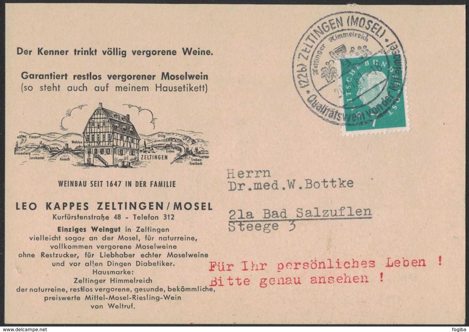 XB45     Germany  Postkarte  Zeltingen 1961, Special Postmark "Qualitätswein Von Der Mittelmoseledle" Weine,wine,vino - Vini E Alcolici