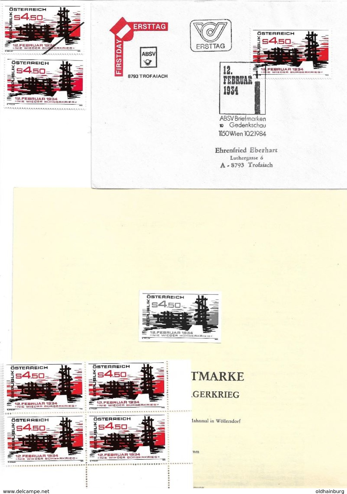 1506i: Heimatsammlung 2752 Wöllersdorf Mahnmal 1934: FDC, 5 ** Marken, Schwarzdruck, Mustermarke - Wiener Neustadt