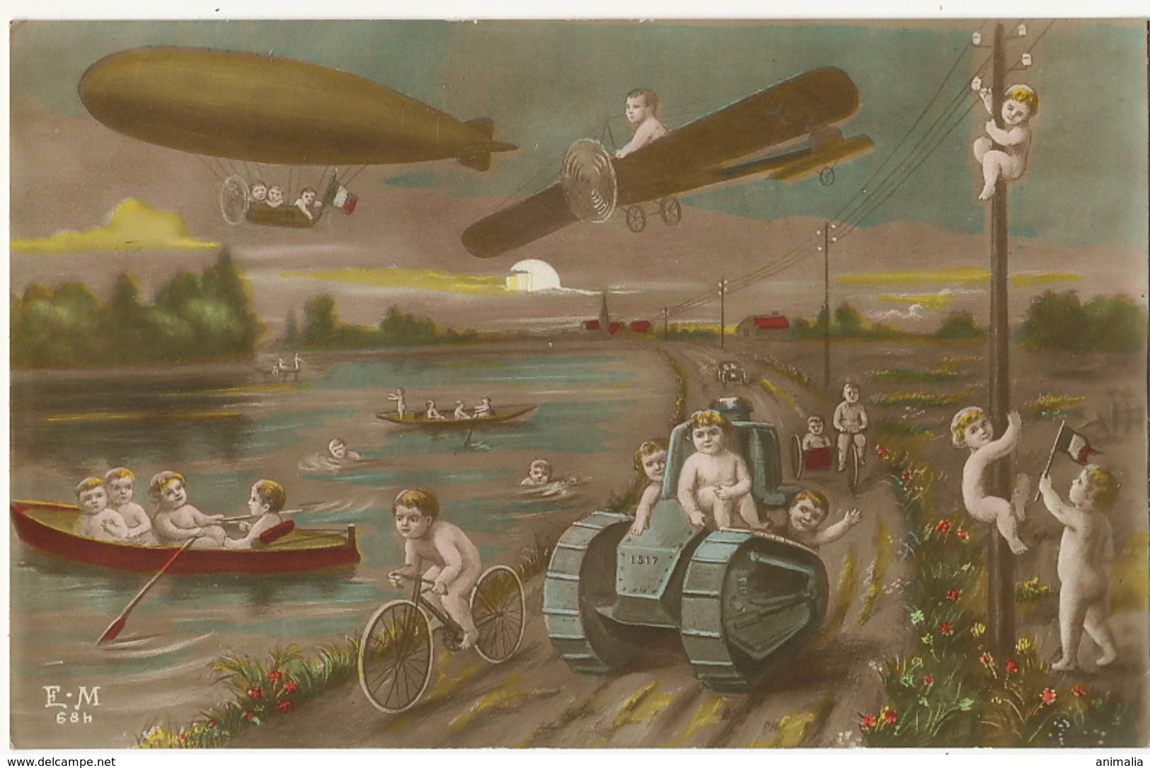 Surrealisme Avion  Dirigeable Tank Velo   Avec Enfants Nus Repopulation Multi Bébés  Patriotique - 1914-1918: 1a Guerra