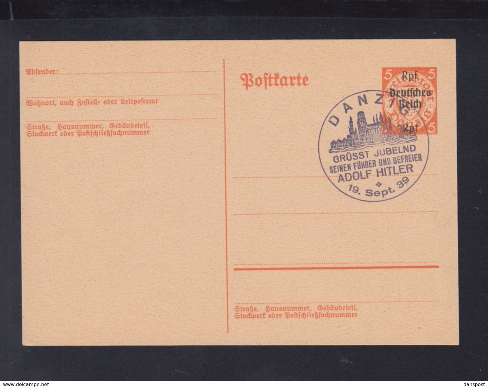 Dt. Reich GSK Aufdruck Auf Danzig 5 Pf. Sonderstempel 1939 - Other & Unclassified