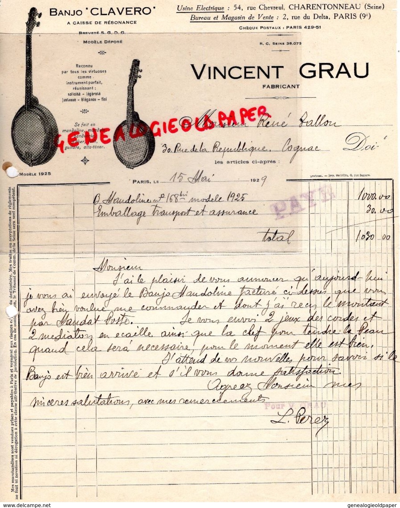 75- PARIS- RARE LETTRE MANUSCRITE VINCENT GRAU-FABRICANT BANJO " CLAVERO " ATELIER FABRICATION A CHARENTONNEAU- 1929 - Petits Métiers