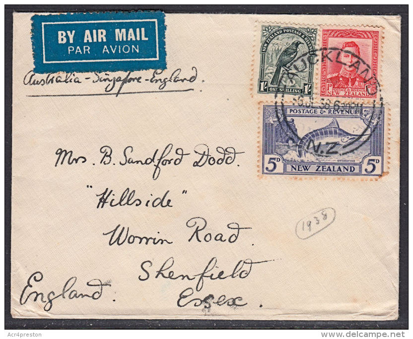 E0267 NEW ZEALAND 1938, Airmail Cover Auckland To Shenfield, UK - Brieven En Documenten