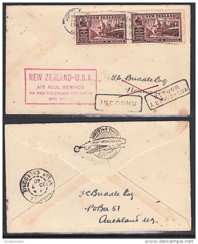 J0067 NEW ZEALAND 1940, First Flight Air Mail Cover On NEW ZEALAND-USA Service To Caledonia, Retour A L'envoyeur - Briefe U. Dokumente