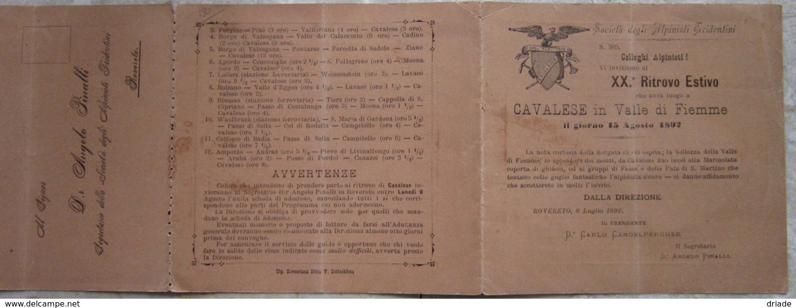 PROGRAMMA XX CONVEGNO RITROVO ESTIVO SOCIETà ALPINISTI TRIDENTINI 15 AGOSTO ANNO 1892 CAVALESE VAL DI FIEMME TRENTO - Programmi