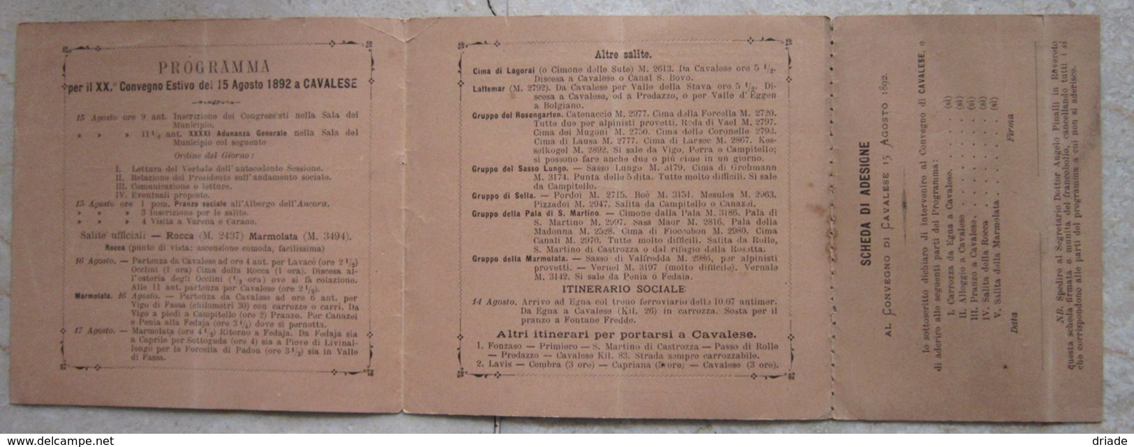 PROGRAMMA XX CONVEGNO RITROVO ESTIVO SOCIETà ALPINISTI TRIDENTINI 15 AGOSTO ANNO 1892 CAVALESE VAL DI FIEMME TRENTO - Programmi