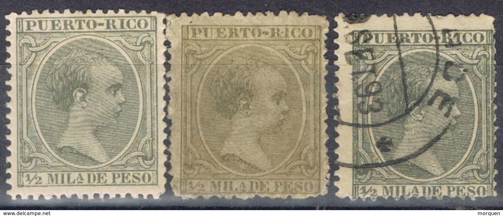 Sellos 1/2 Mil Peso PUERTO RICO, Colonia Española, VARIEDAD Color, Num 86-86a-86b º/* - Puerto Rico