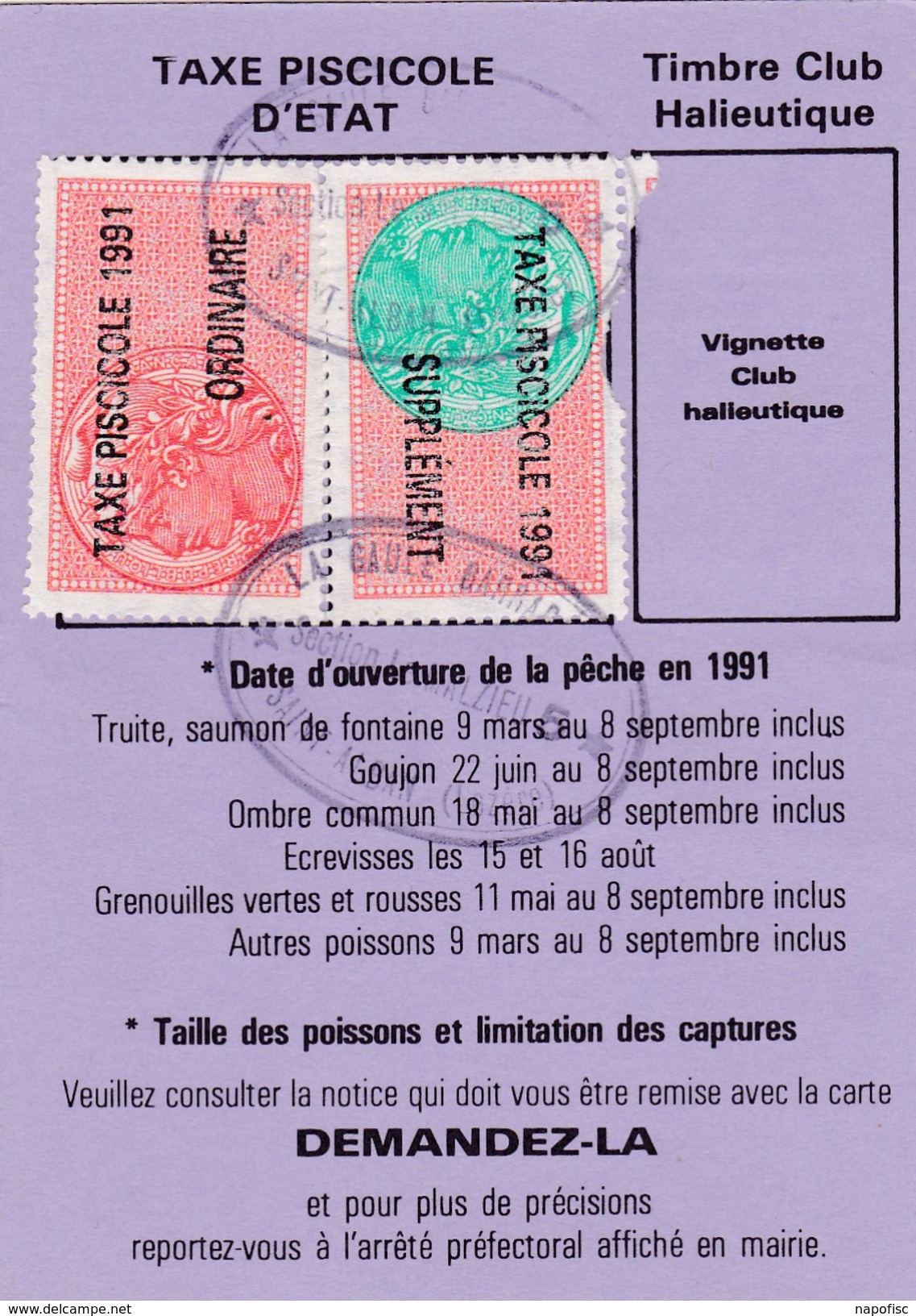 Timbres Fiscaux Taxe Piscicole N° 306 Et 307 Sur Volet  St Chély D'Apcher (Lozère) - Autres & Non Classés