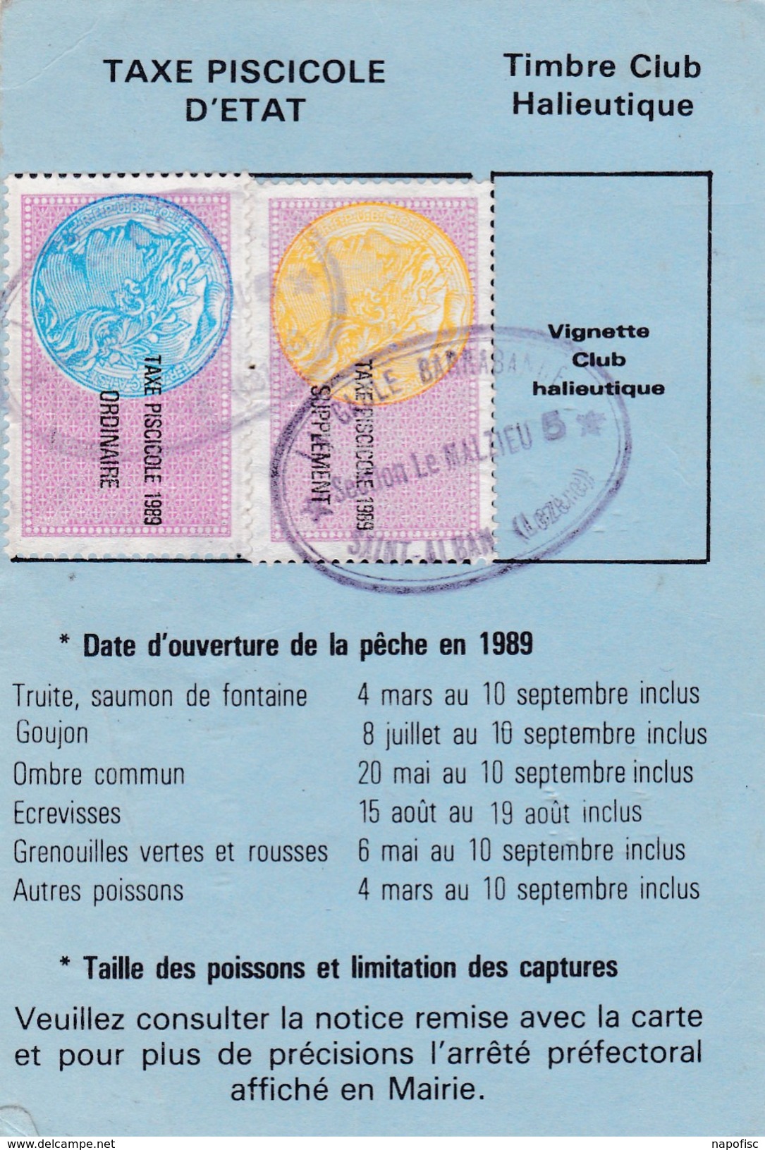 Timbres Fiscaux Taxe Piscicole N° 288 Et N° 289 Sur Volet  St Chély D'Apcher (Lozère) - Autres & Non Classés