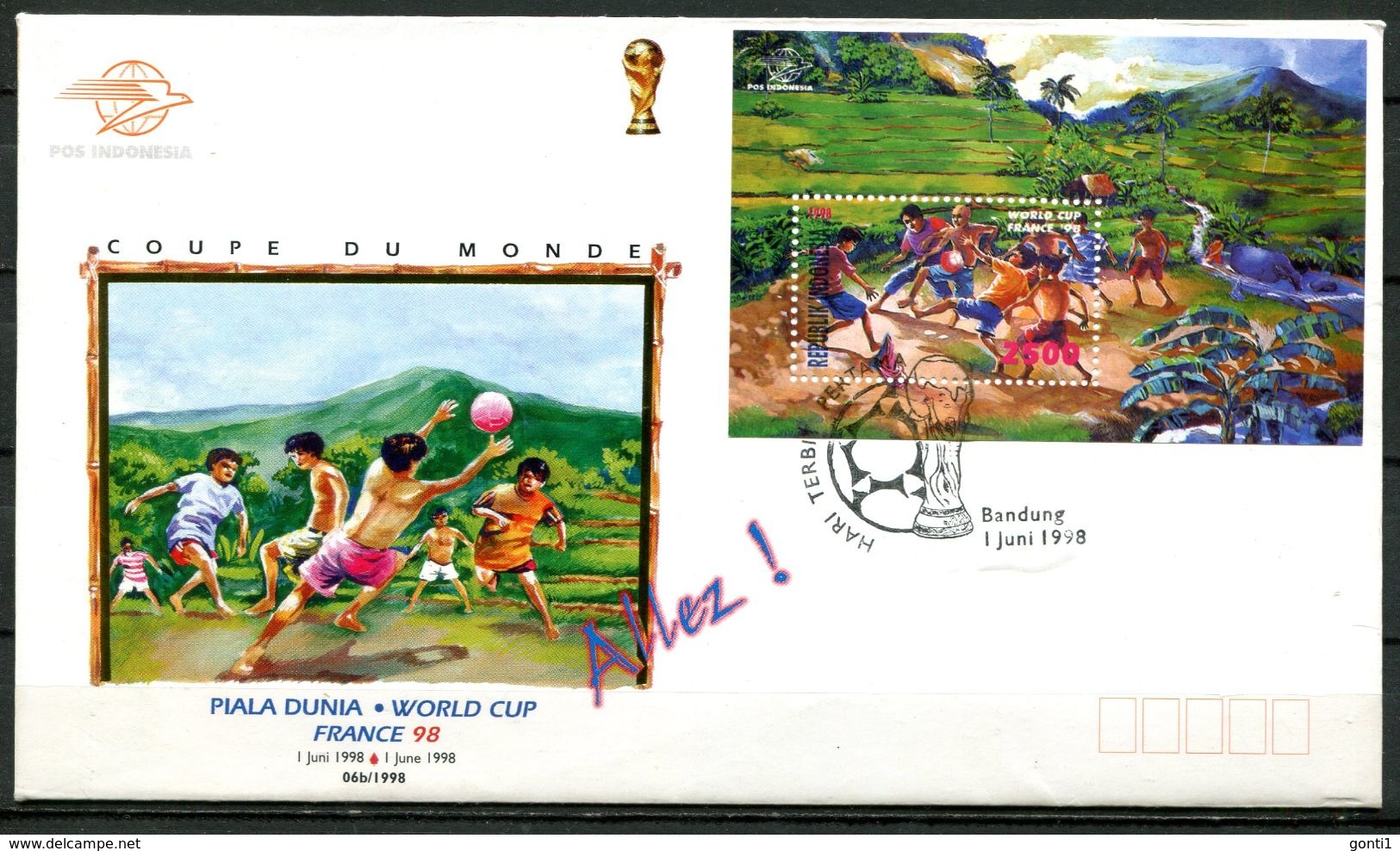 Indonesien 1998 First Day Cover Sonderbeleg Football, Soccer Mi.Nr.1794,Bl.128" Fußball WM In Frankreich"1 FDC - 1998 – France