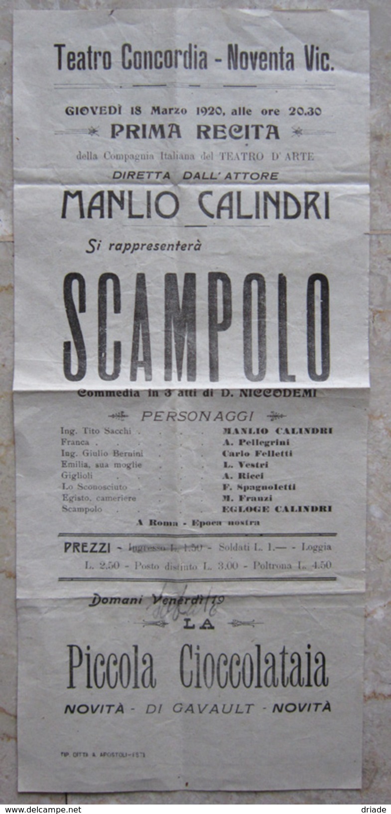 PROGRAMMA TEATRO CONCORDIA COMMEDIA IN 3 ATTI DI D. NICCODEMI DI MANLIO CALINDRI NOVENTA VICENTINA ANNO 1920 VICENZA - Programmi