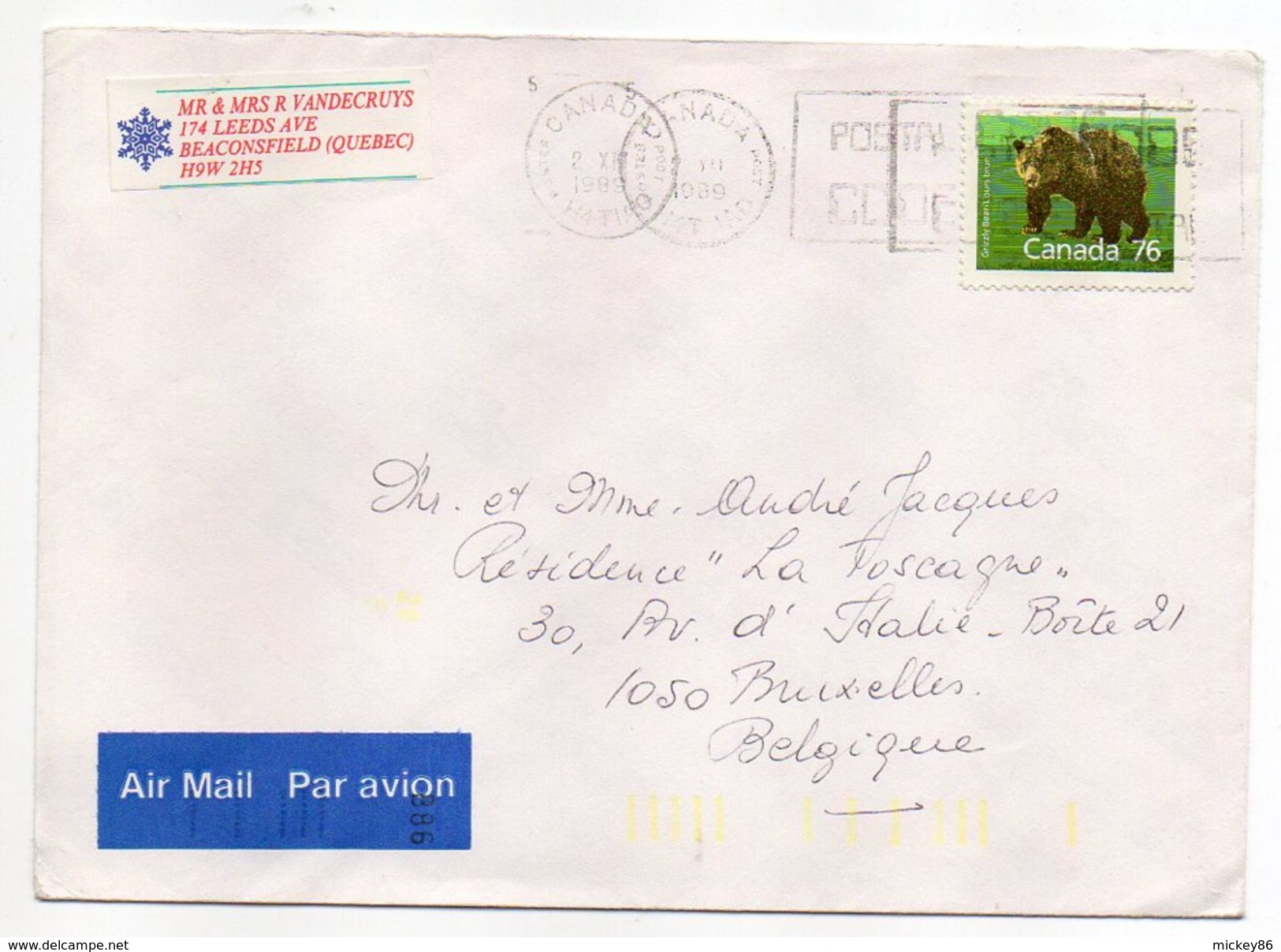 Canada--1989--lettre Du Québec  Pour Bruxelles (Belgique)--timbre (ours) Seul Sur Lettre--cachet + Indexation Jaune - Lettres & Documents