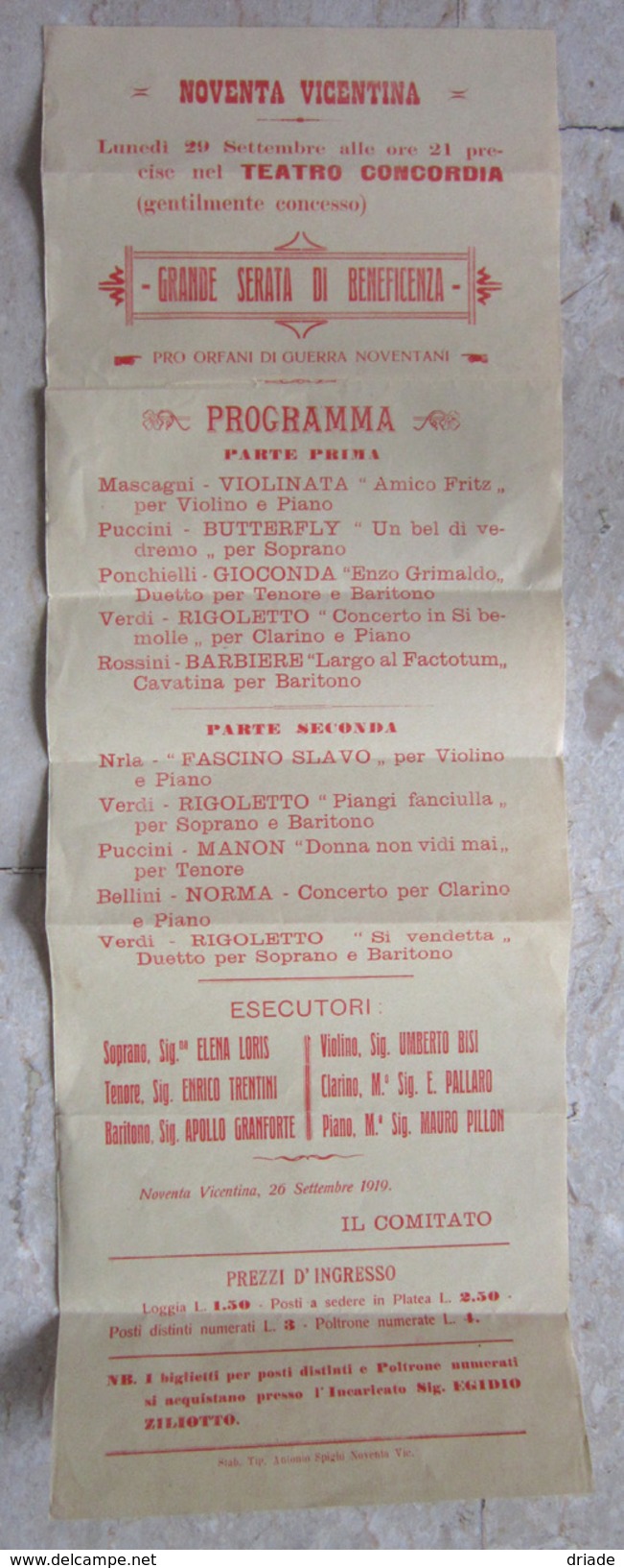 PROGRAMMA OPERA LIRICA MASCAGNI PUCCINI VERDI TEATRO CONCORDIA PRO ORFANI DI GUERRA NOVENTA VICENTINA ANNO 1919 VICENZA - Programmi