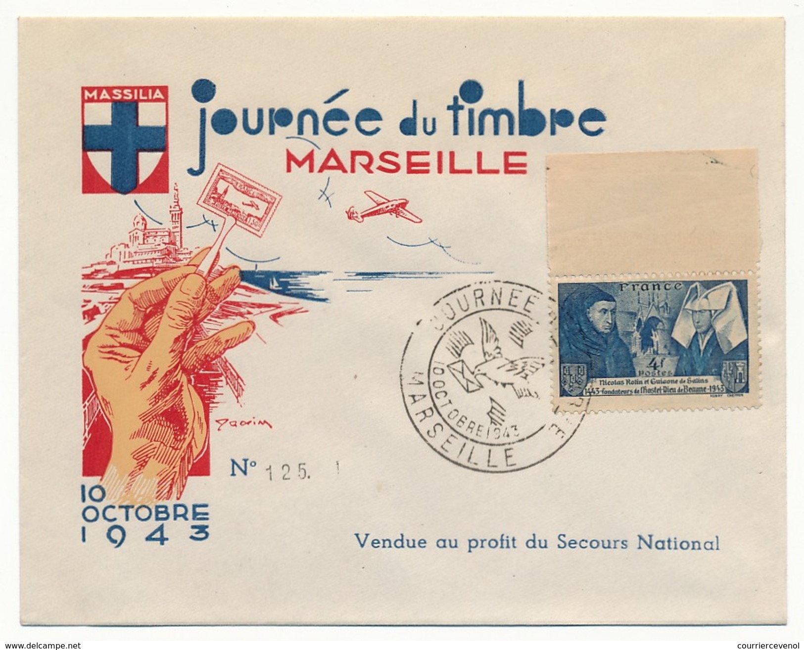 Enveloppe Illustrée DRAIM - Marseille Journée Du Timbre 1943 - Affr. 4F Beaune - Secours National - Lettres & Documents